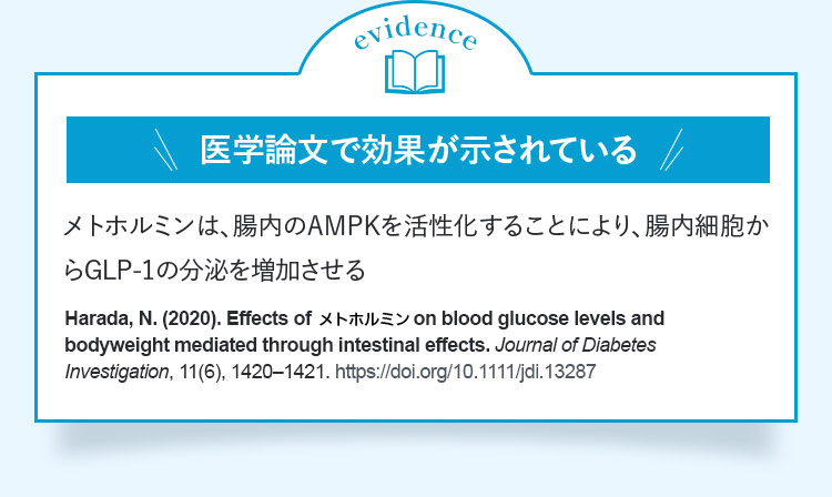 evidence 医学論文で効果が示されているメトホルミンは、腸内のAMPKを活性化することにより、腸内細胞からGLPー1の分泌を増加させる Harada,N.(2020).Effectsofメトホルミンonbloodglucoselevelsandbodyweightmediatedthroughintestinaleffects.JournalofDiabetesInvestigation,11(6),1420ー1421.https://doi.org/10.1111/jdi.13287