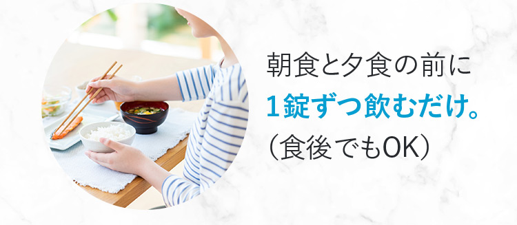 朝食と夕食の前に1錠ずつ飲むだけ。(食後でもOK)