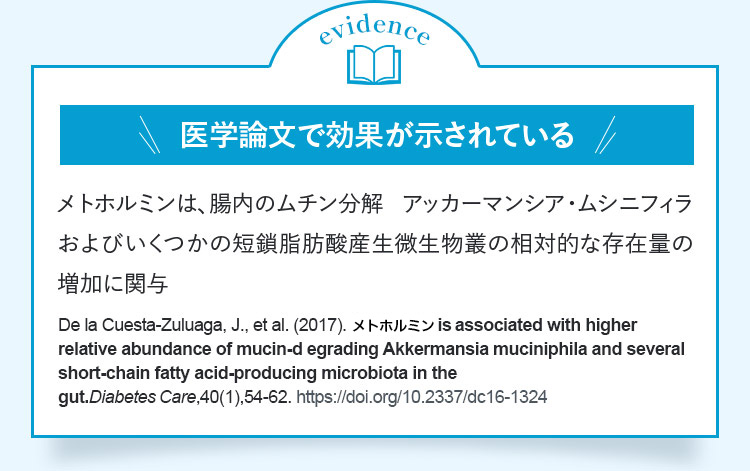 evidence 医学論文で効果が示されている メトホルミンは、腸内のムチン分解アッカーマンシア・ムシニフィラおよびいくつかの短鎖脂肪酸産生微生物叢の相対的な存在量の増加に関与 DelaCuestaーZuluaga,J.,etal.(2017).メトホルミンisassociatedwithhigherrelativeabundanceo mucinーdegradingAkkermansiamuciniphilaandseveralshortーchainfattyacidーproducingmicrobiotainthegut.Diabetes(are,40(1),54ー62.https://doi.org/10.2337/dc16ー1324