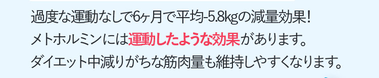 過度な運動なしで6ヶ月で平均ー5.8kgの減量効果!メトホルミンには運動したような効果があります。ダイエット中減りがちな筋肉量も維持しやすくなります。