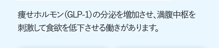 痩せホルモン(GLPー1)の分泌を増加させ、満腹中枢を刺激して食欲を低下させる働きがあります。